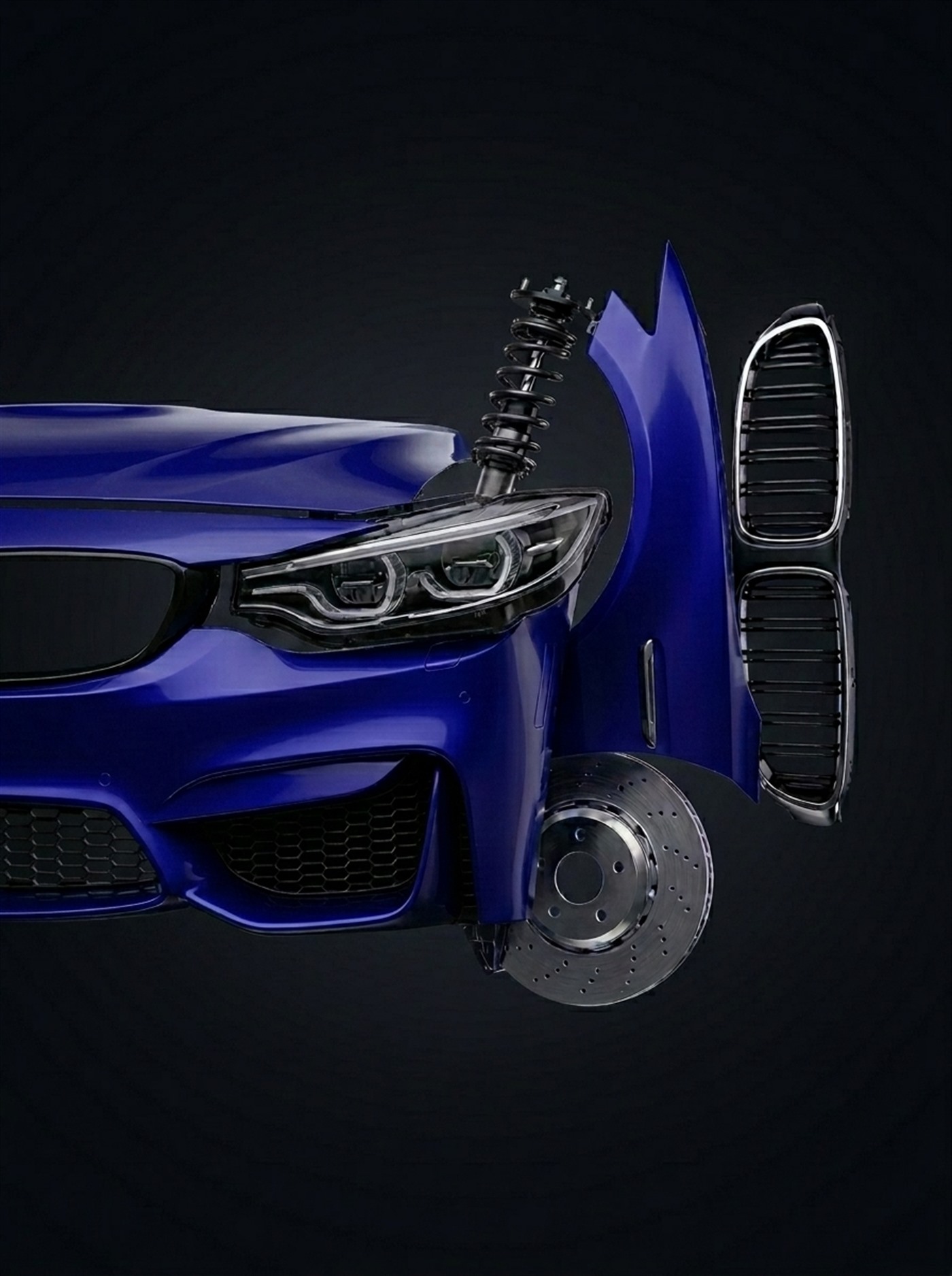 Frente de automóvel com peças de colisão e mecânica (guarda-lamas, ótica, disco de travão, suspensão) sobre fundo escuro com acento azul DeepCar PRO